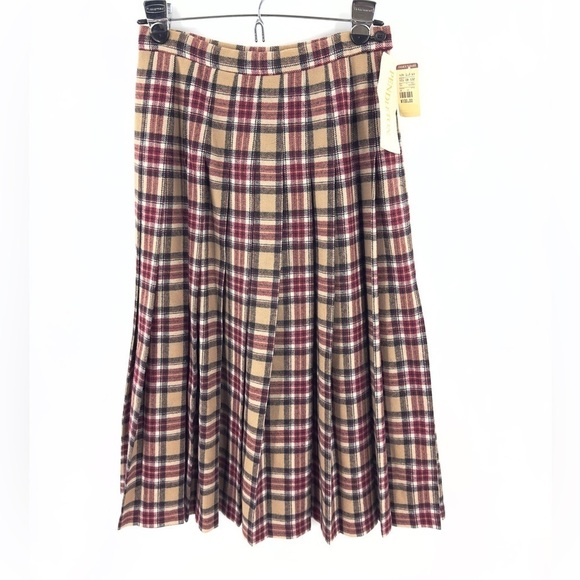 Vintage Pendleton Womens Wool Pleated Skirt Size 8 Deadstock Plaid Tan Red NEW - Picture 1 of 10